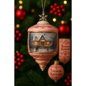 Thomas Kinkade Christmas Ornament Pink Gold Finial Winter Cottage Vintage Style